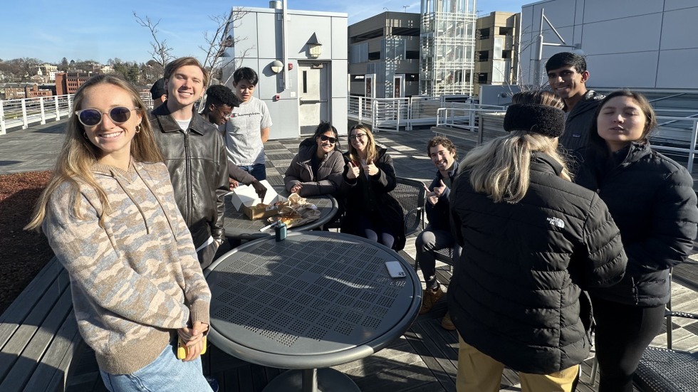 Med^2 students gather on The Medical School rooftop garden to meditate before exams!