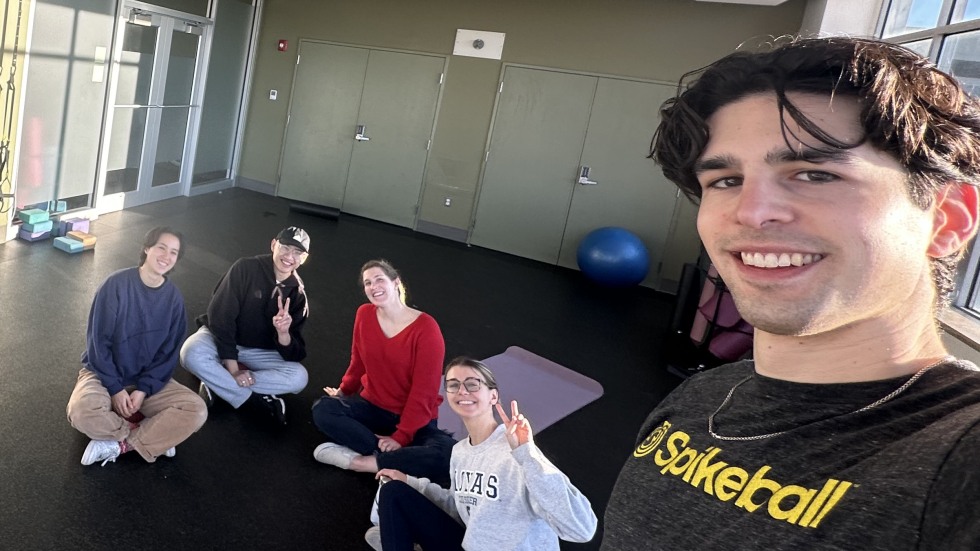 Students Jacob Licht, Adri Corriveau, Tano Nguyen, Hannah Fry, and Alex Jin host a meditation session before exams.